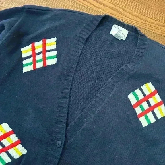 Vintage 90s Patchwork Cardigan Sweater 1992 Preppy Retro Size Large Embroidered - Picture 8 of 10